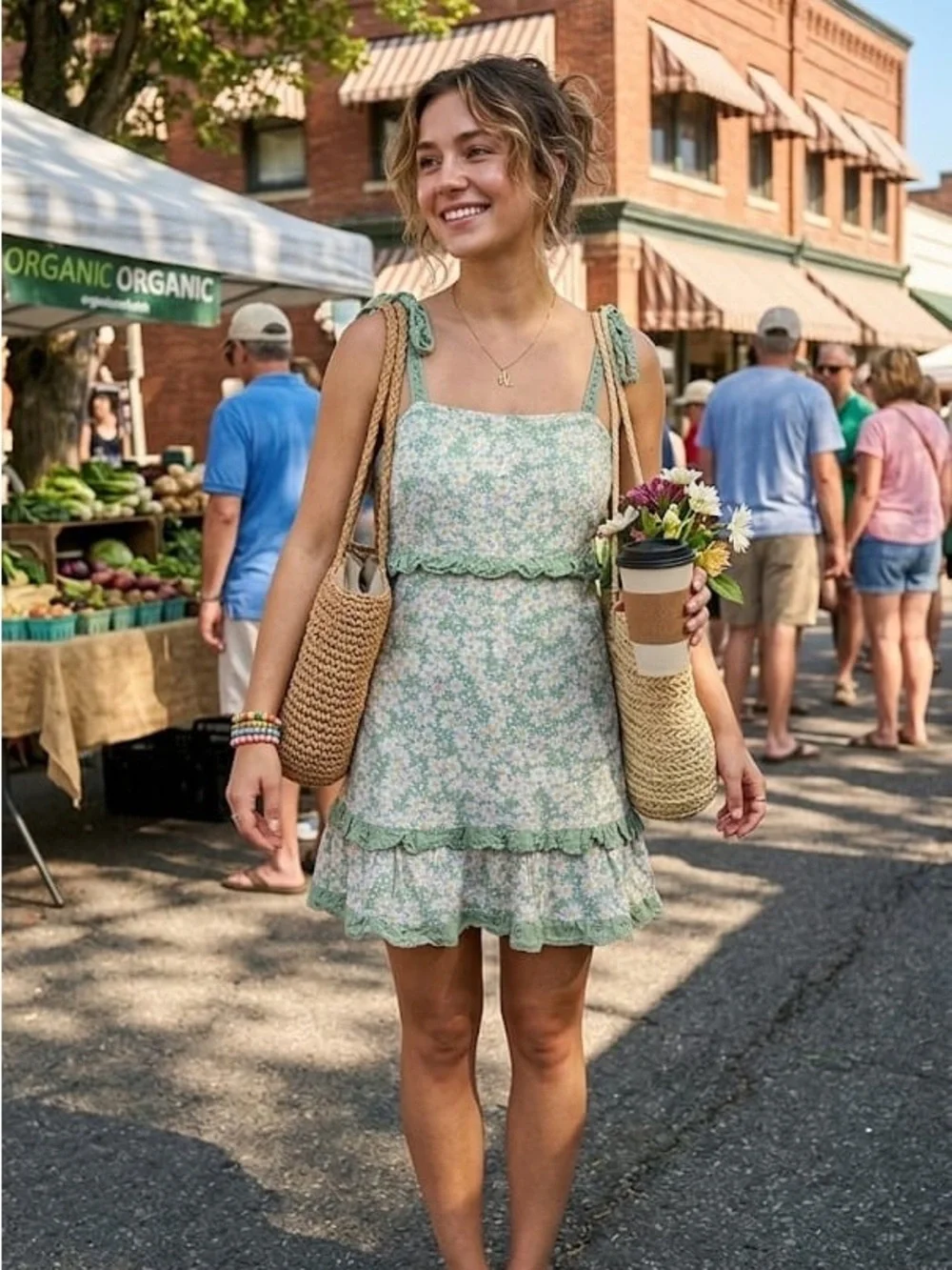 Women’s Floral Tie-Shoulder Mini Dress - Green - Picture 1 of 8